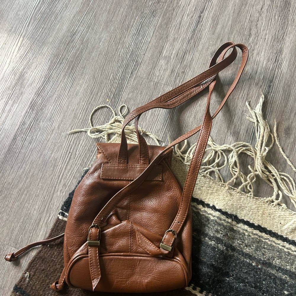 Compact Brown Leather Mini Backpack with Front Po… - image 3